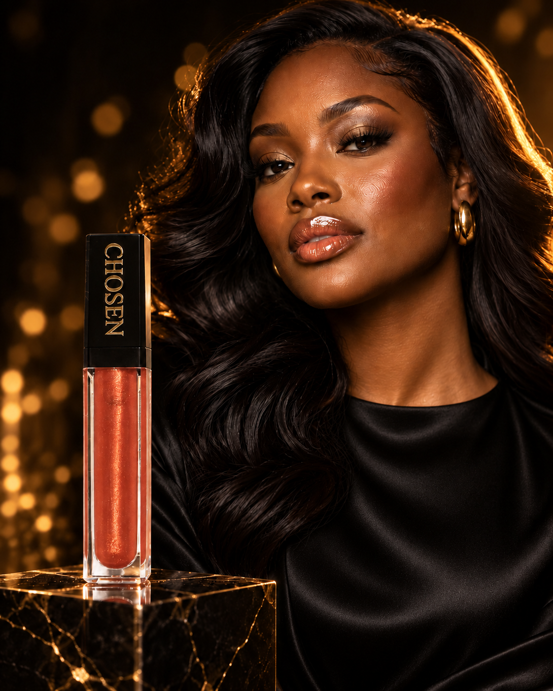 CHOSEN gloss beside a beauty model wearing a high-neck black silk blouse